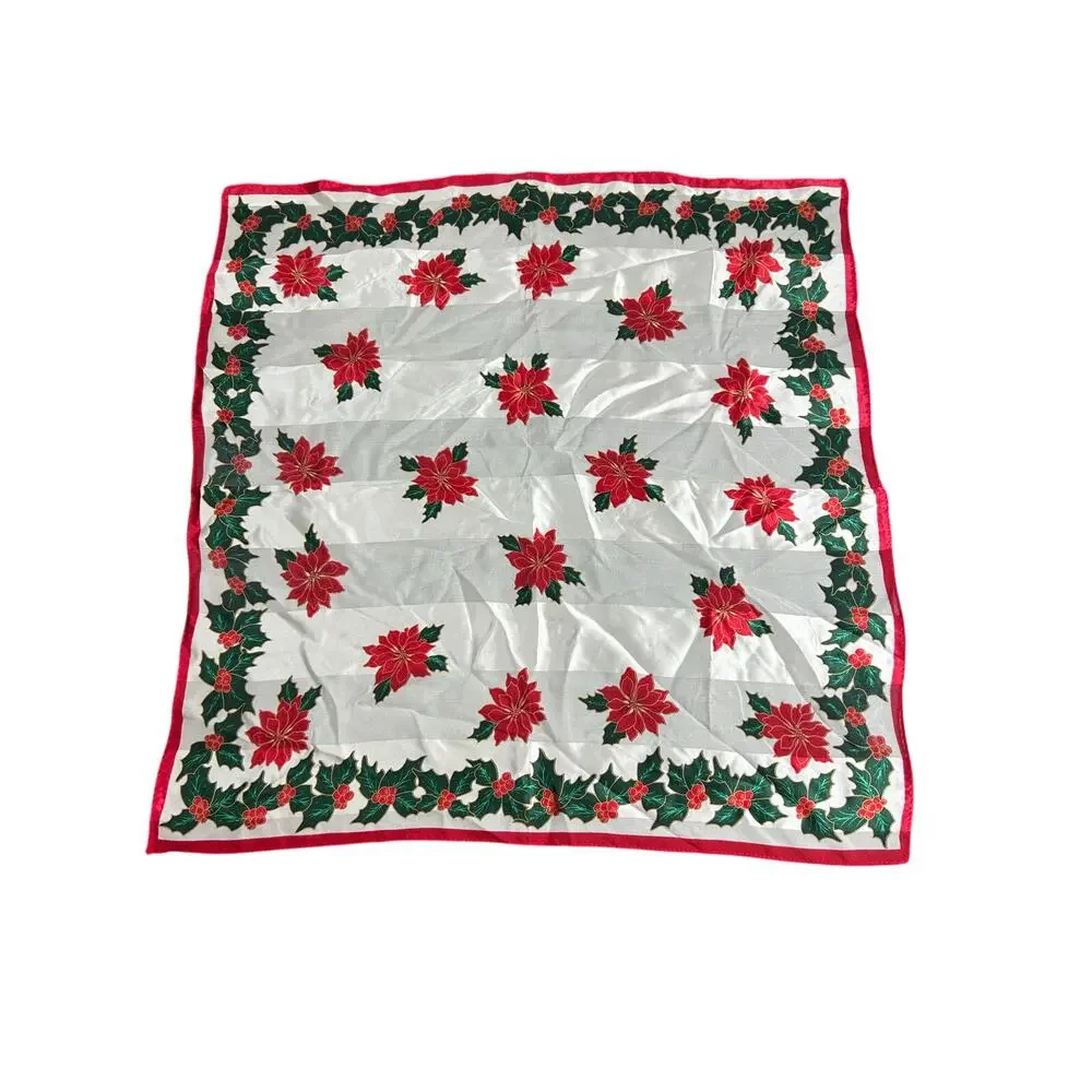 Vintage Silky Scarf- Square- Red White Green Mistletoe Design- 21x21
